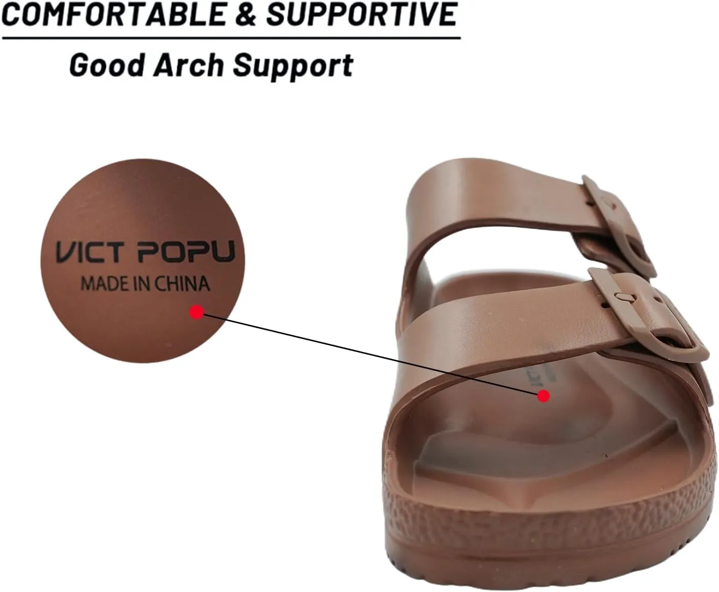 VICT POPU Womens Sandals Adjustable Double Buckle Strap Waterproof EVA Flat Slides