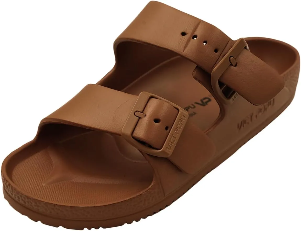 VICT POPU Womens Sandals Adjustable Double Buckle Strap Waterproof EVA Flat Slides