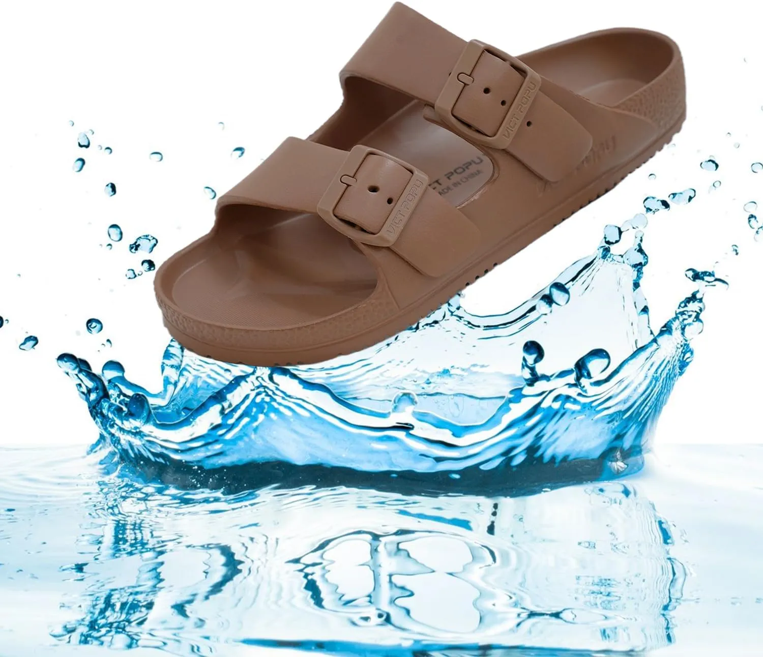 VICT POPU Womens Sandals Adjustable Double Buckle Strap Waterproof EVA Flat Slides