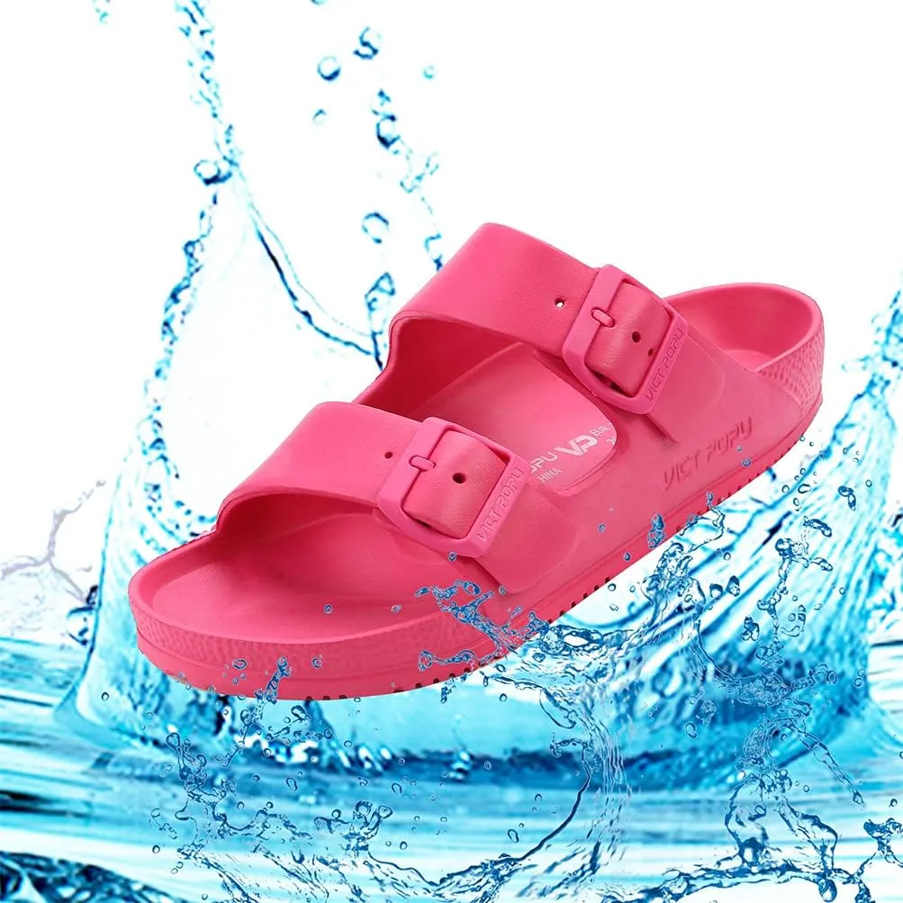 VICT POPU Womens Sandals Adjustable Double Buckle Strap Waterproof EVA Flat Slides