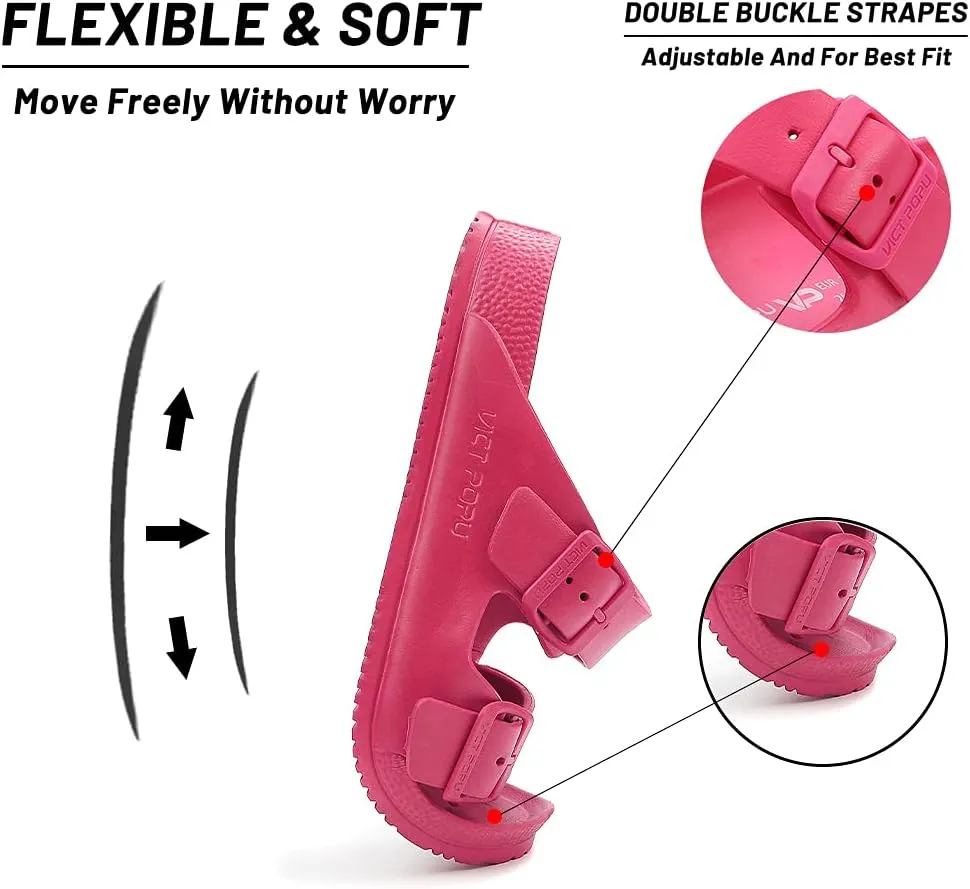 VICT POPU Womens Sandals Adjustable Double Buckle Strap Waterproof EVA Flat Slides