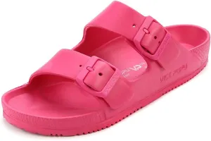 VICT POPU Womens Sandals Adjustable Double Buckle Strap Waterproof EVA Flat Slides