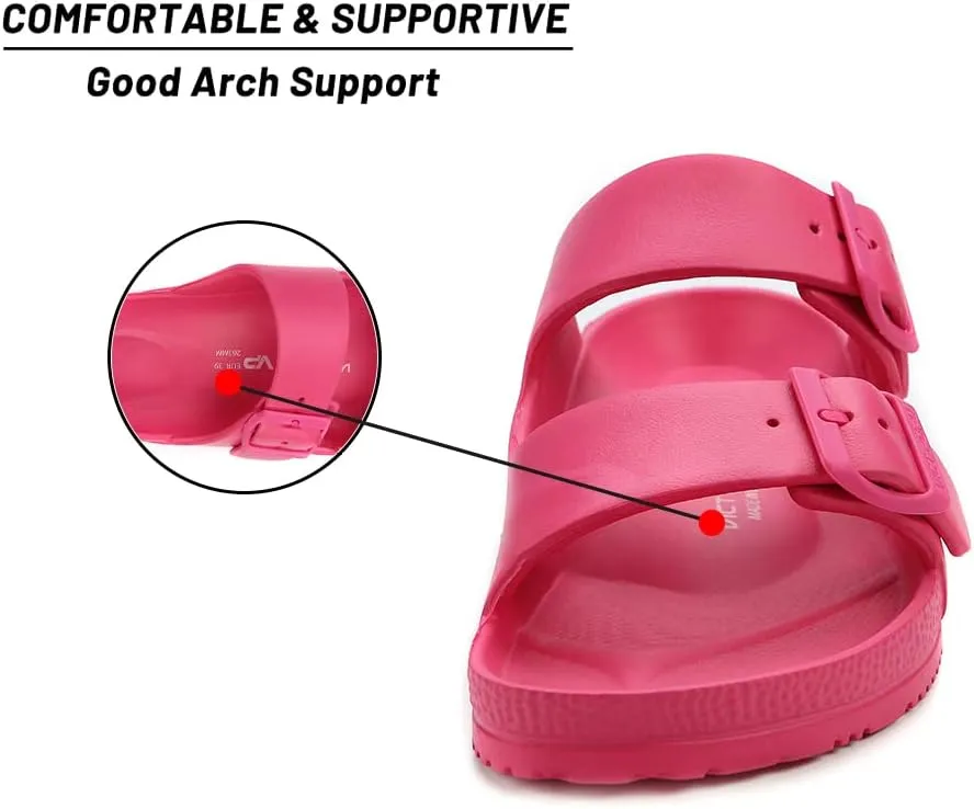 VICT POPU Womens Sandals Adjustable Double Buckle Strap Waterproof EVA Flat Slides