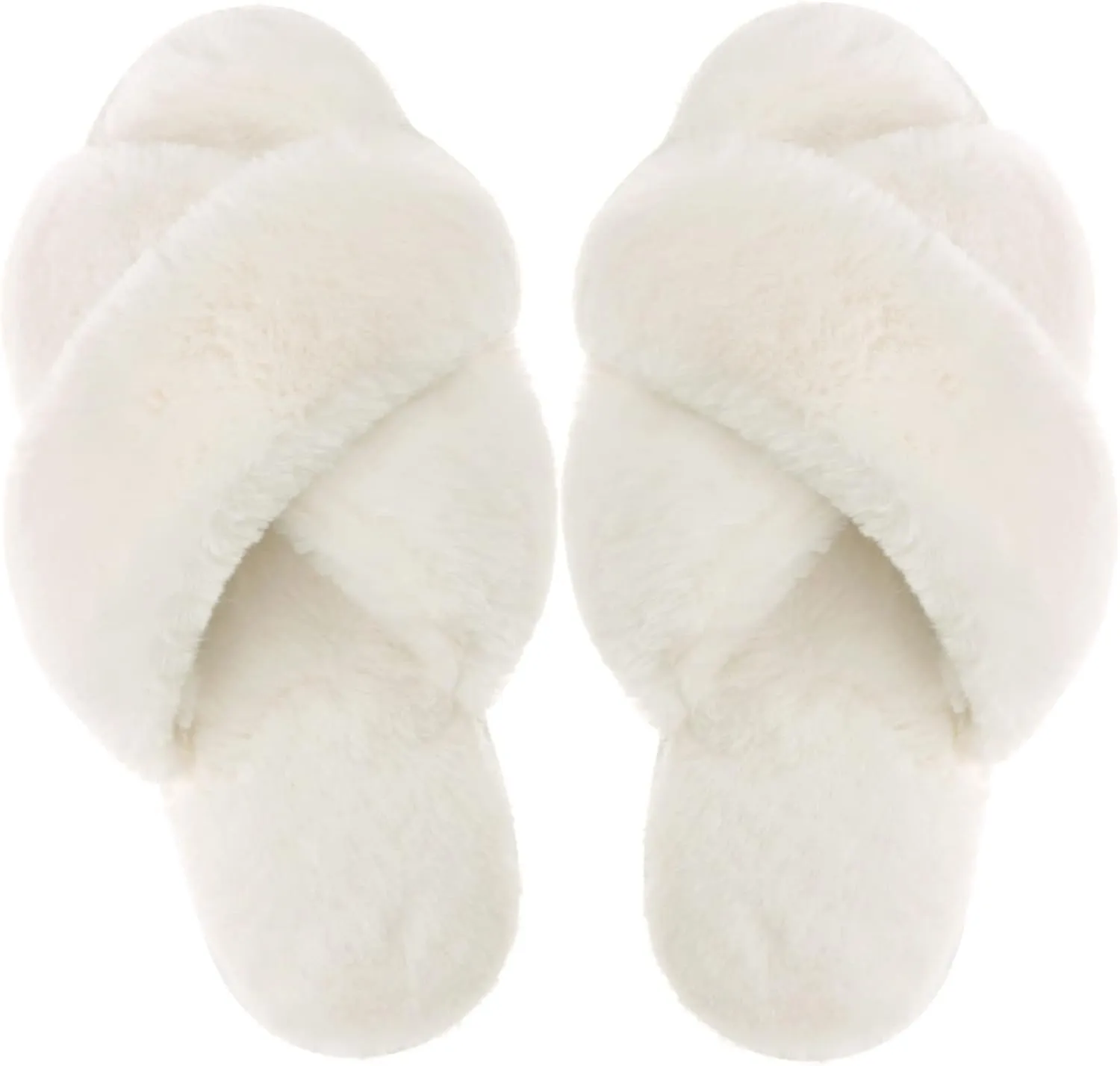 VONMAY Women's Soft Cross Band Slippers Plush Furry Slides Faux Fur Open Toe Comfy Slip On House Shoes