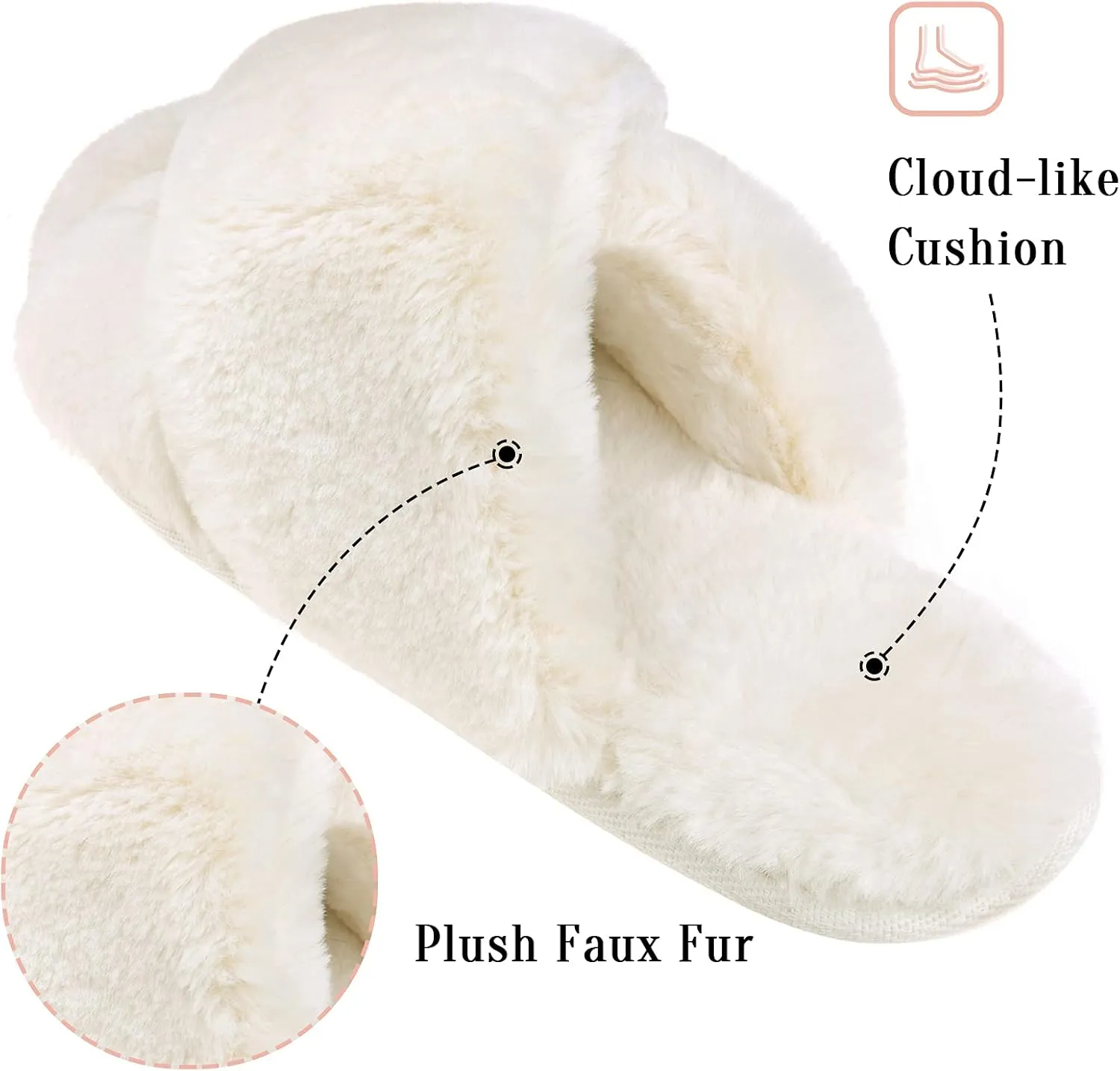 VONMAY Women's Soft Cross Band Slippers Plush Furry Slides Faux Fur Open Toe Comfy Slip On House Shoes
