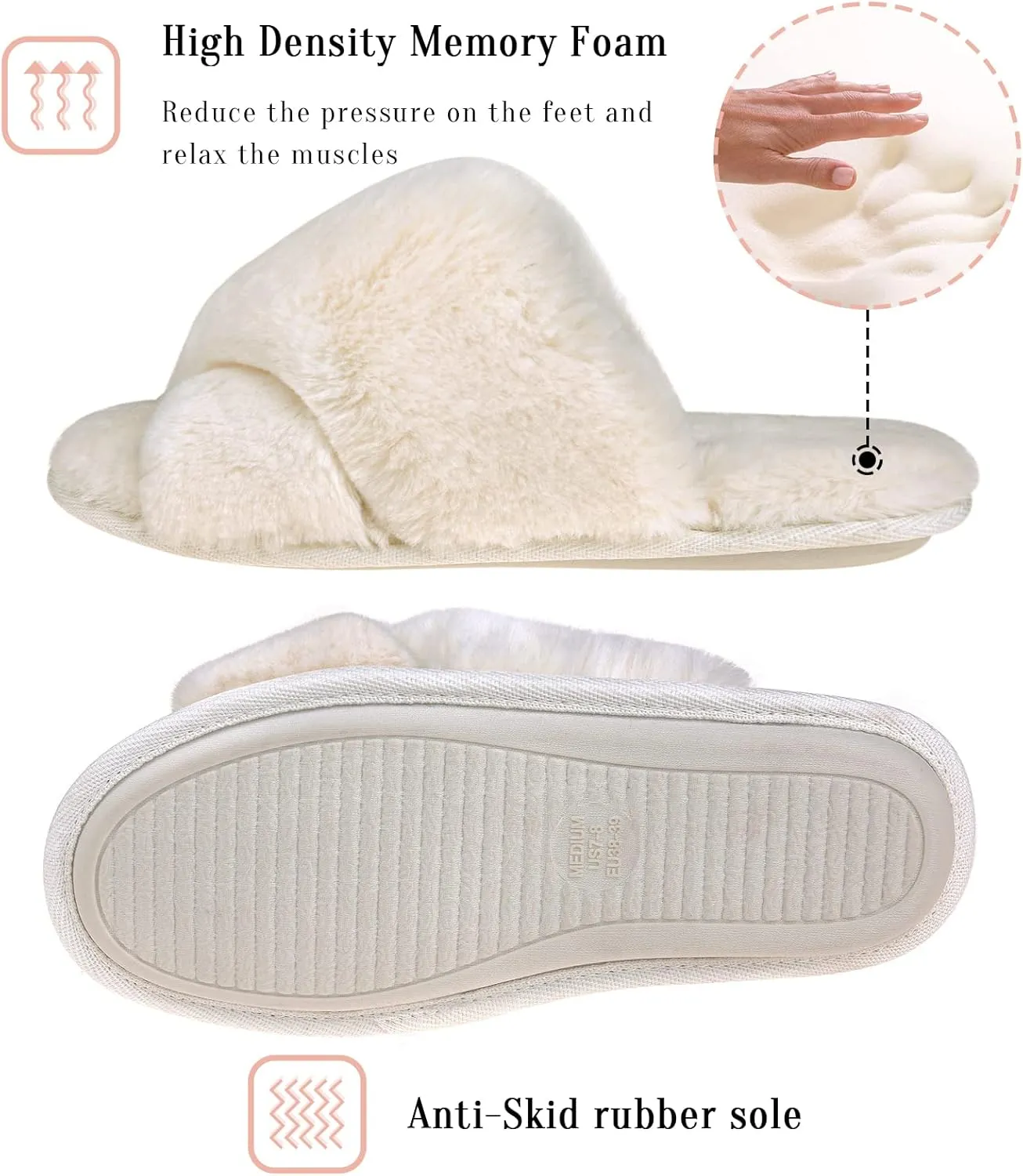 VONMAY Women's Soft Cross Band Slippers Plush Furry Slides Faux Fur Open Toe Comfy Slip On House Shoes