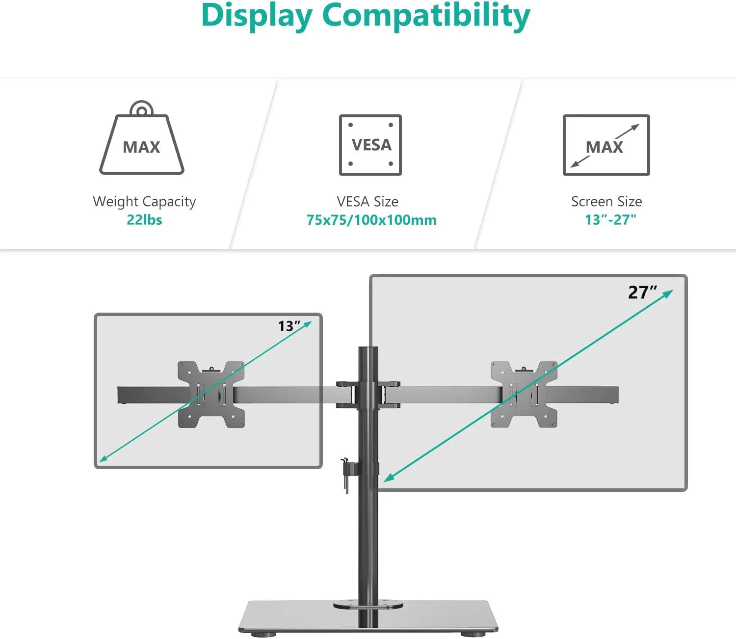 WALI Free Standing Dual Monitor Stand, Height Adjustable Monitor Mount with Glass Base, Fits LCD LED Flat Curved Screen up to 27 inch, 22lbs, with Grommet Base (GMF002)