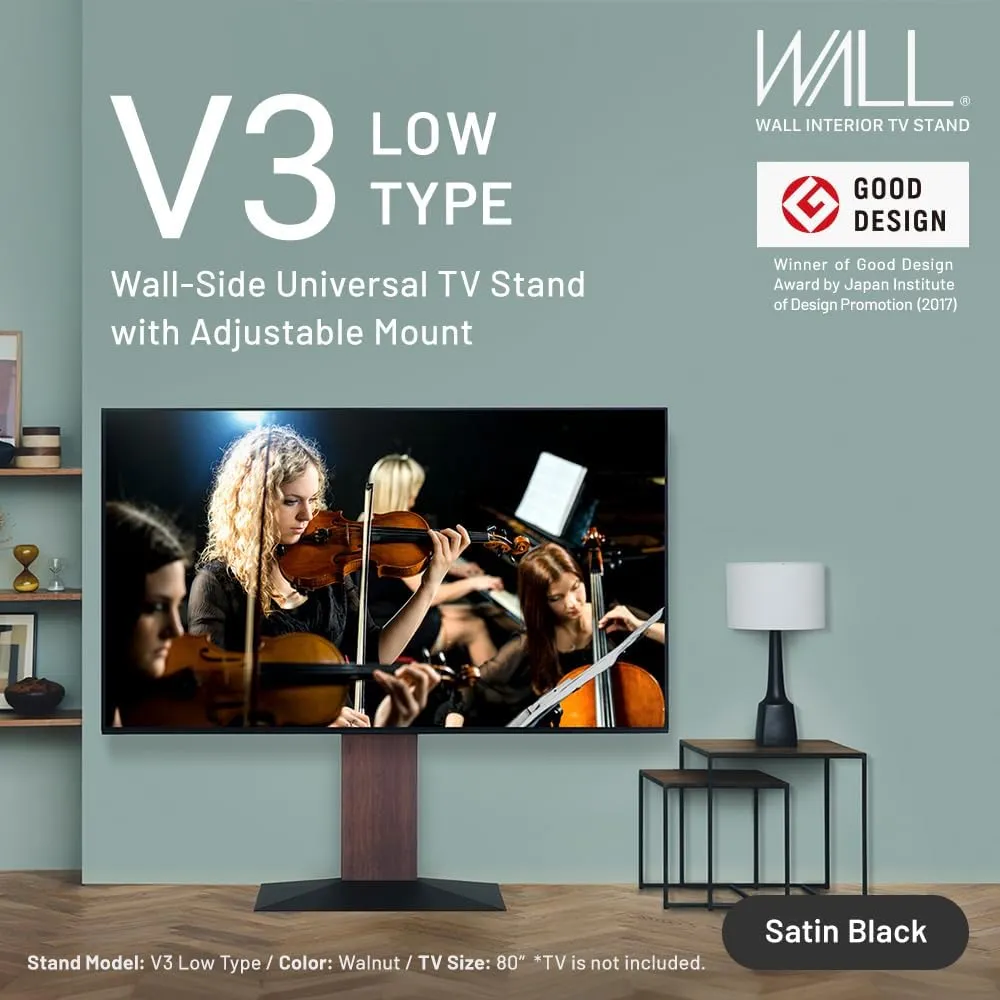 WALL V3 Low Type | Sleek 32-80 Inch Universal Ultra Thin TV Stand | Satin Black | for Living Room and Bedroom, Space Saving, Adjustable Mount, No Drill, Japanese Design & Engineering