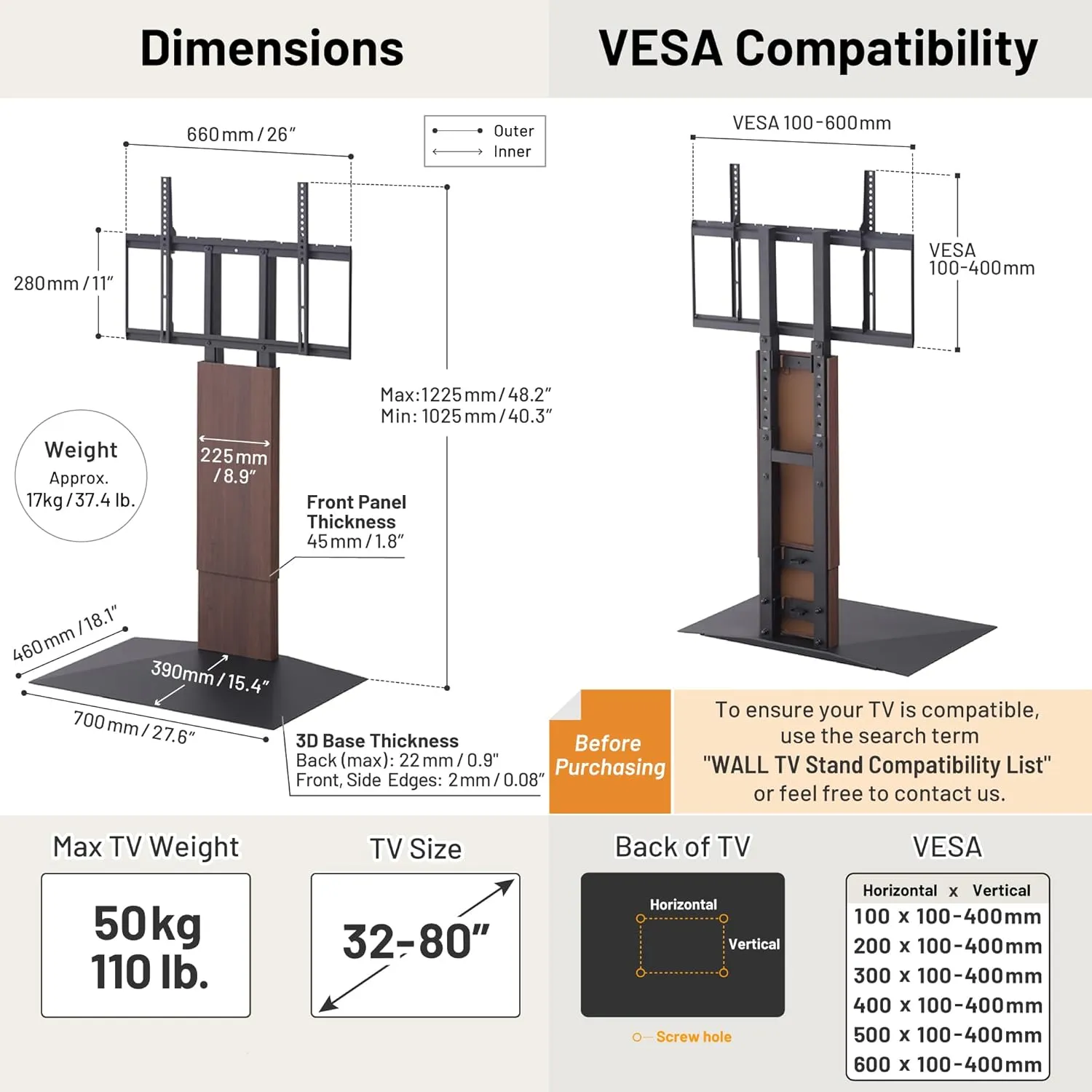 WALL V3 Low Type | Sleek 32-80 Inch Universal Ultra Thin TV Stand | Satin Black | for Living Room and Bedroom, Space Saving, Adjustable Mount, No Drill, Japanese Design & Engineering