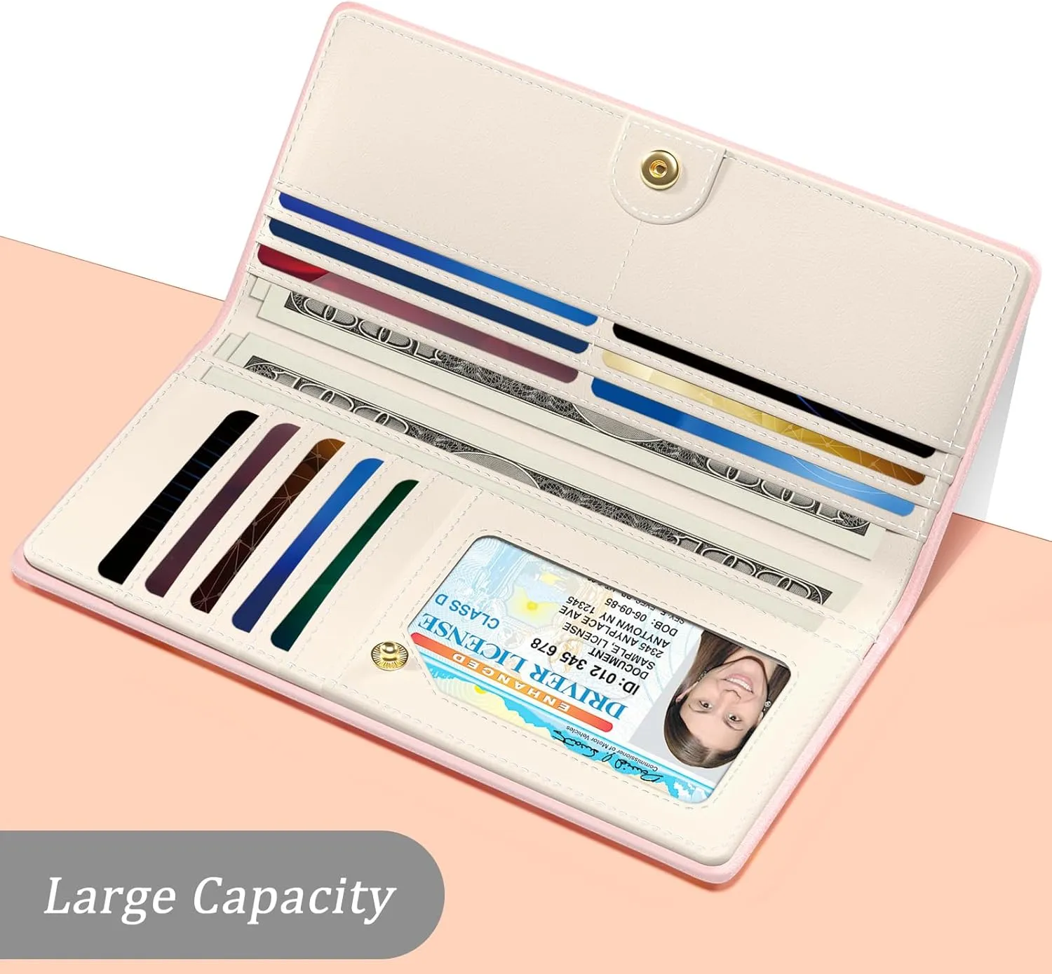 Wallet Women, Cute RFID Blocking Credit Card Holder for Women, Slim Thin Leather Bifold Ladies Purse, Clutch Billfold Card Holder Wallets with 11 Card Slots & ID Window, Pink