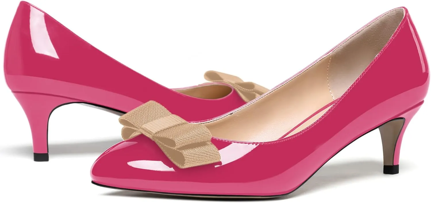 WAYDERNS Women's Bow Solid Patent Slip On Cute Round Toe Dating Kitten Mid Heel Pumps Shoes 2.5 Inch