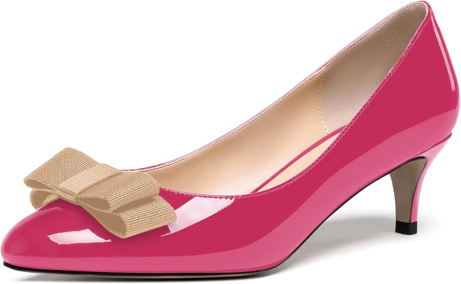 WAYDERNS Women's Bow Solid Patent Slip On Cute Round Toe Dating Kitten Mid Heel Pumps Shoes 2.5 Inch