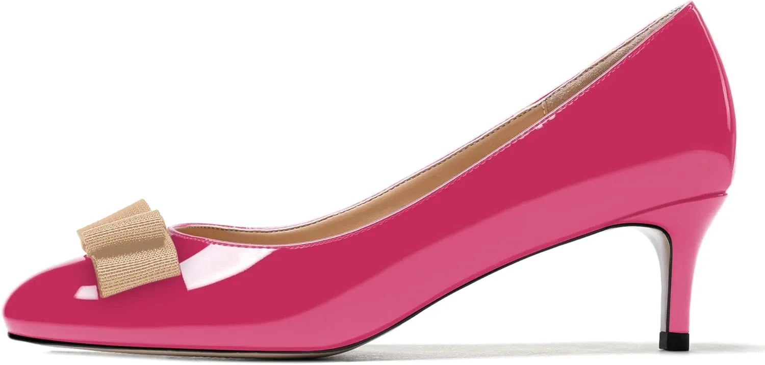 WAYDERNS Women's Bow Solid Patent Slip On Cute Round Toe Dating Kitten Mid Heel Pumps Shoes 2.5 Inch