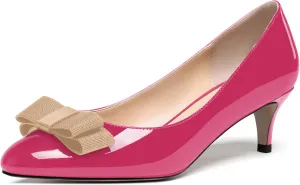 WAYDERNS Women's Bow Solid Patent Slip On Cute Round Toe Dating Kitten Mid Heel Pumps Shoes 2.5 Inch