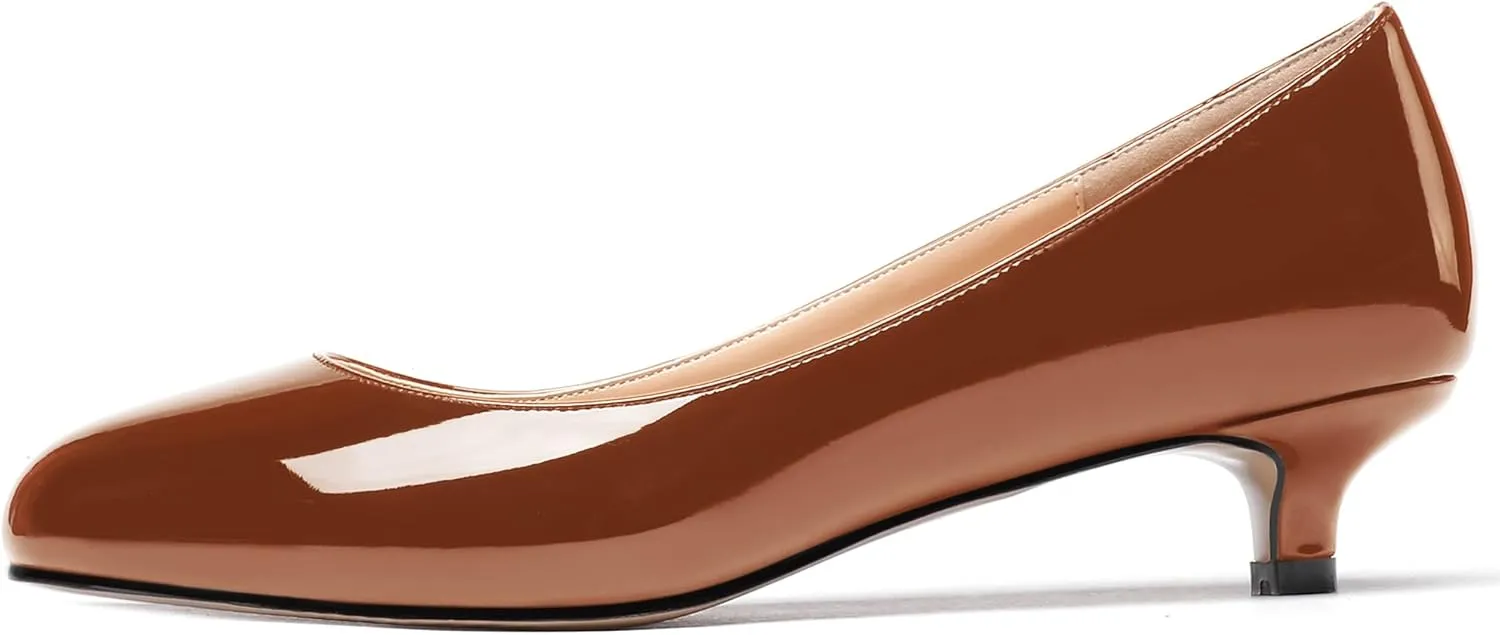 WAYDERNS Women's Patent Round Toe Slip On Low Kitten Heel Pumps Offress Work Dress Shoes 1.5 Inch