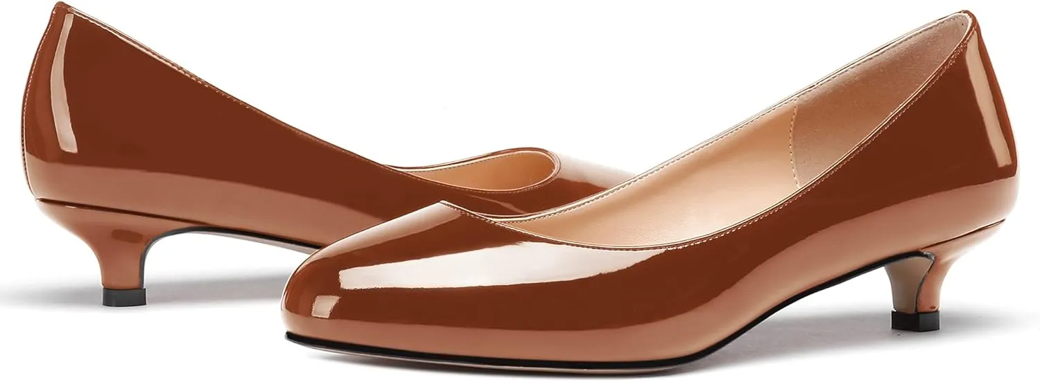 WAYDERNS Women's Patent Round Toe Slip On Low Kitten Heel Pumps Offress Work Dress Shoes 1.5 Inch