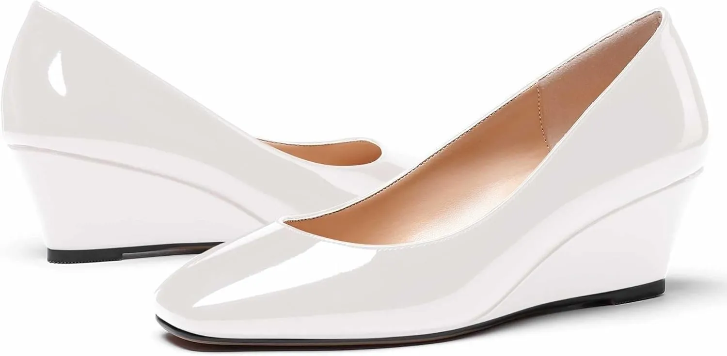 WAYDERNS Women's Slip On Patent Leather Square Toe Low Heel Wedge Pumps Shoes 2 Inch