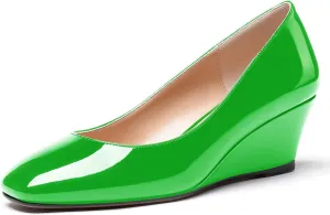 WAYDERNS Women's Slip On Patent Leather Square Toe Low Heel Wedge Pumps Shoes 2 Inch