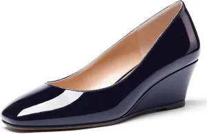 WAYDERNS Women's Slip On Patent Leather Square Toe Low Heel Wedge Pumps Shoes 2 Inch