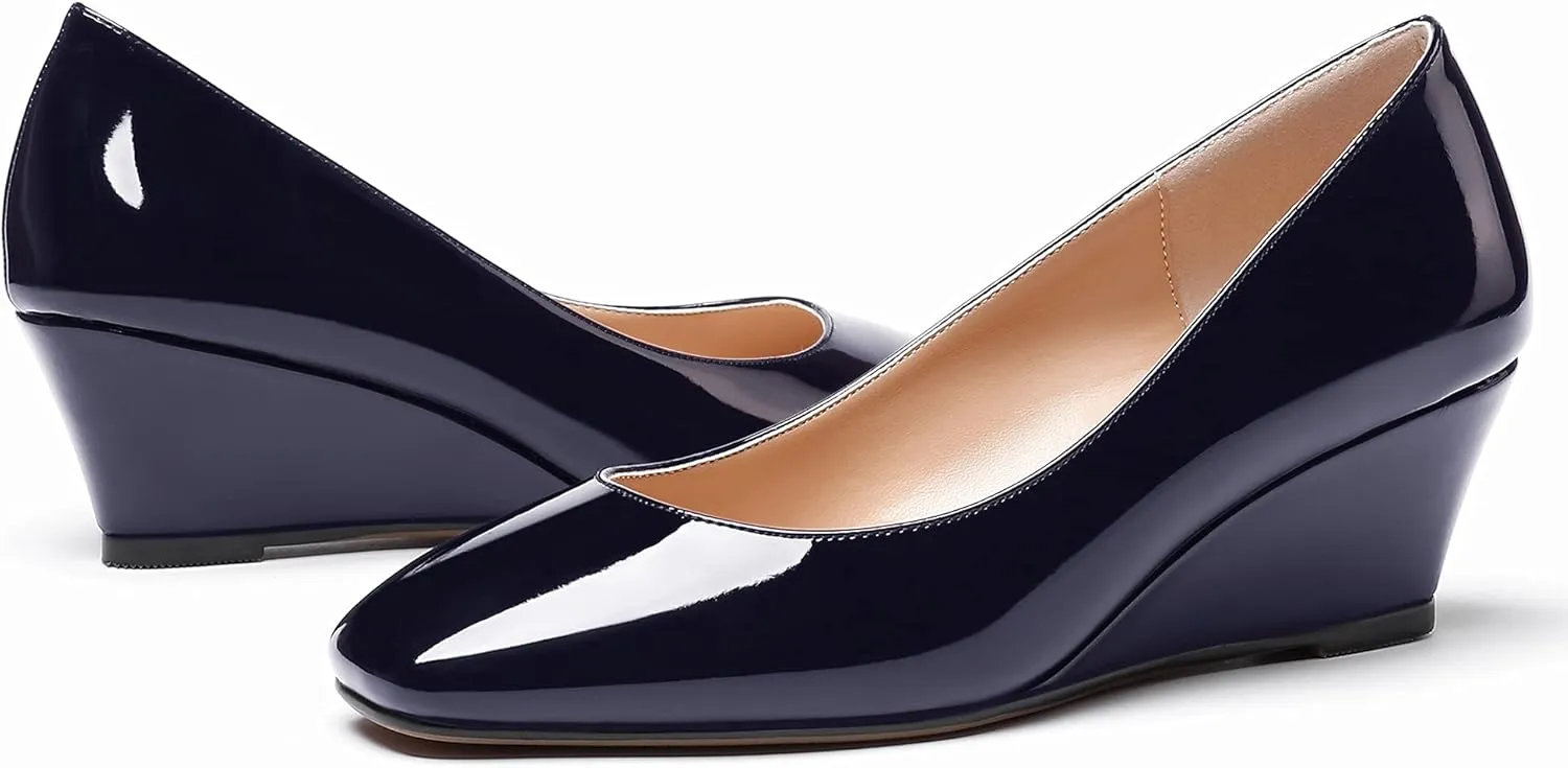 WAYDERNS Women's Slip On Patent Leather Square Toe Low Heel Wedge Pumps Shoes 2 Inch