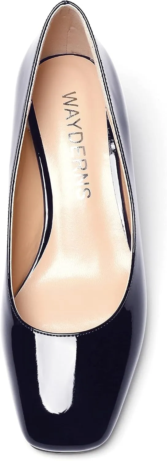 WAYDERNS Women's Slip On Patent Leather Square Toe Low Heel Wedge Pumps Shoes 2 Inch