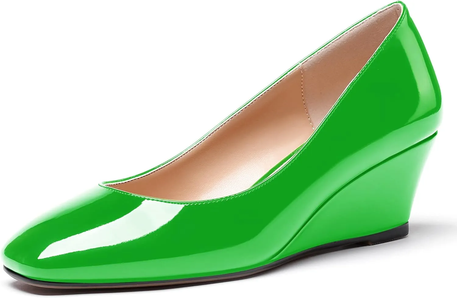 WAYDERNS Women's Slip On Patent Leather Square Toe Low Heel Wedge Pumps Shoes 2 Inch