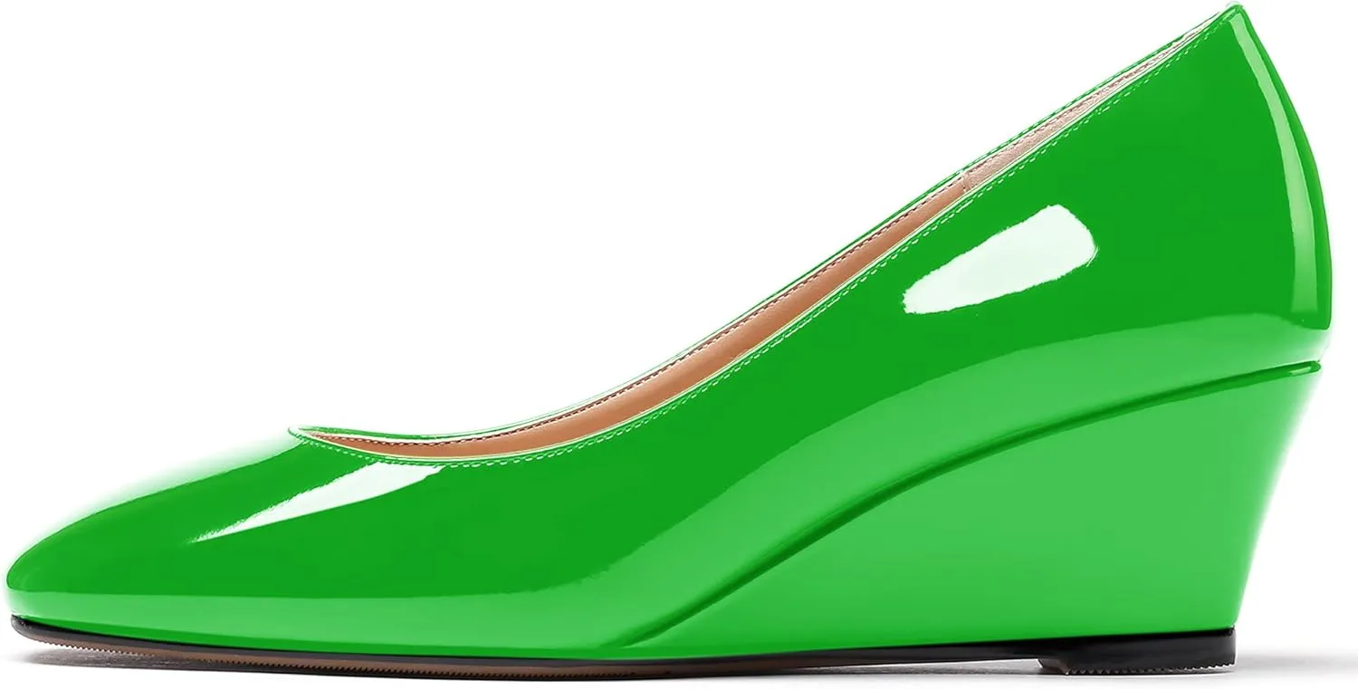 WAYDERNS Women's Slip On Patent Leather Square Toe Low Heel Wedge Pumps Shoes 2 Inch
