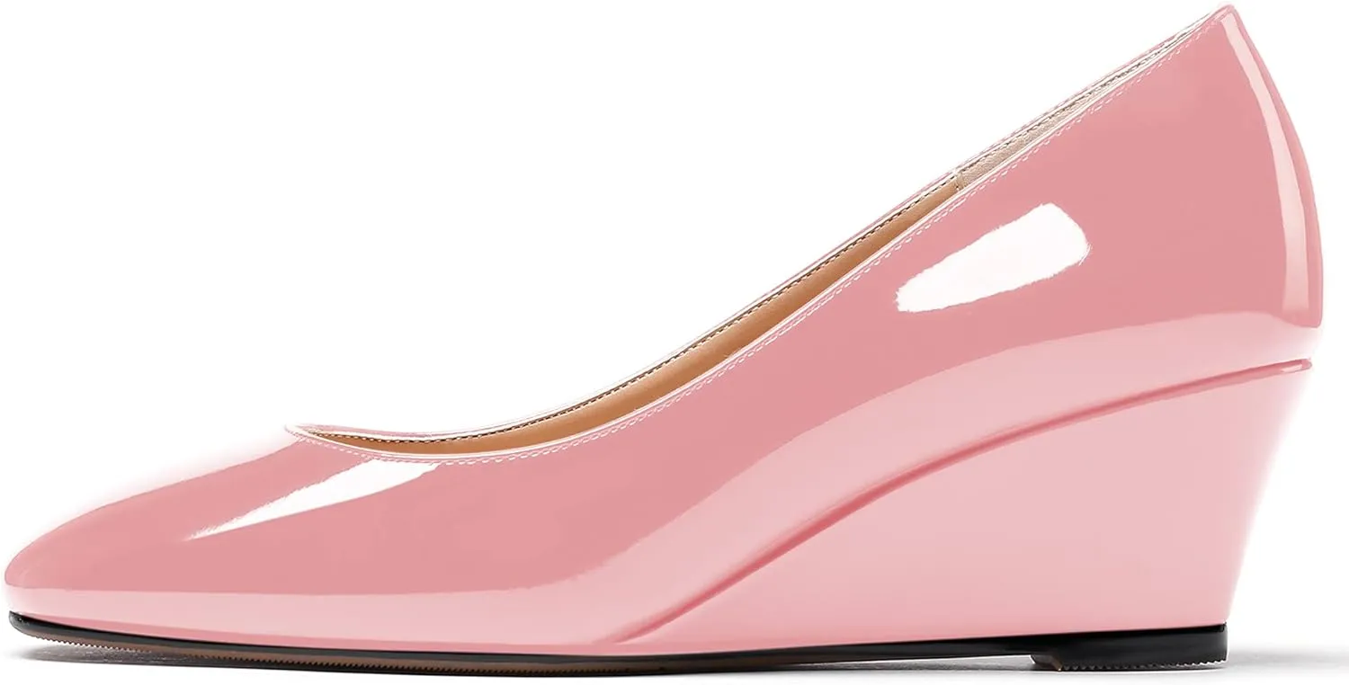 WAYDERNS Women's Slip On Patent Leather Square Toe Low Heel Wedge Pumps Shoes 2 Inch