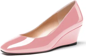 WAYDERNS Women's Slip On Patent Leather Square Toe Low Heel Wedge Pumps Shoes 2 Inch