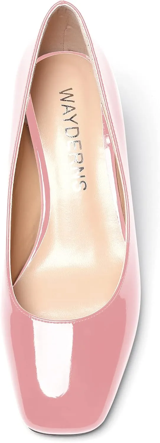 WAYDERNS Women's Slip On Patent Leather Square Toe Low Heel Wedge Pumps Shoes 2 Inch