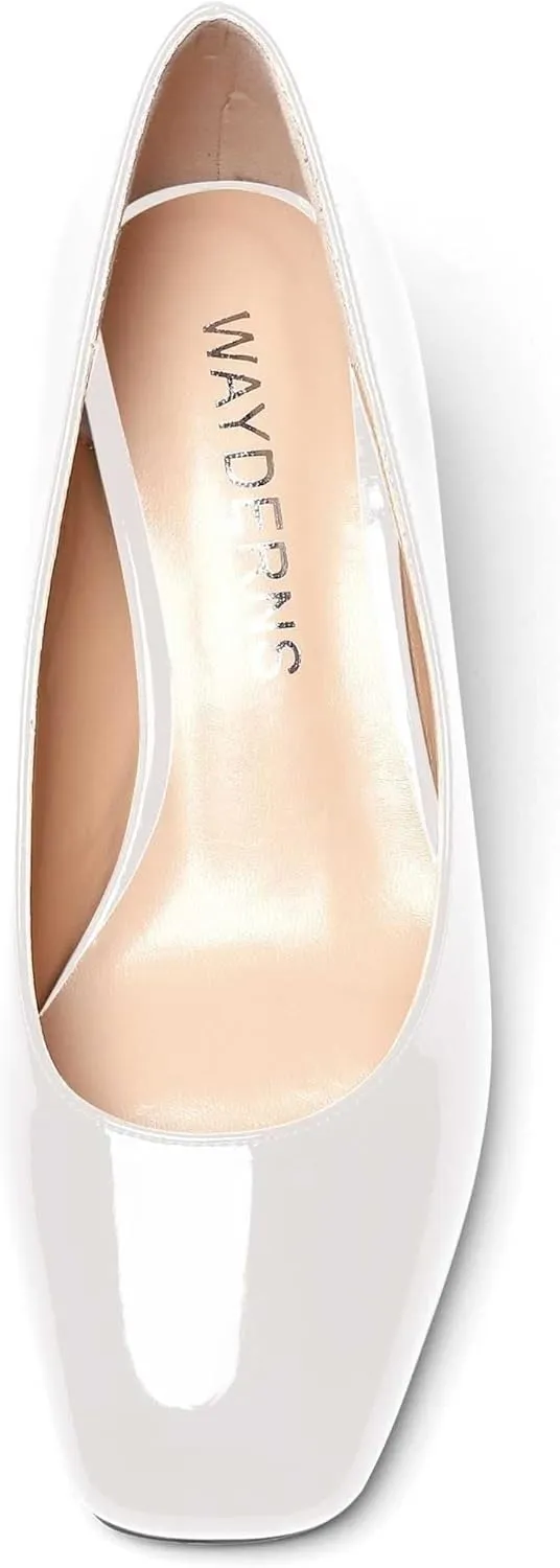 WAYDERNS Women's Slip On Patent Leather Square Toe Low Heel Wedge Pumps Shoes 2 Inch