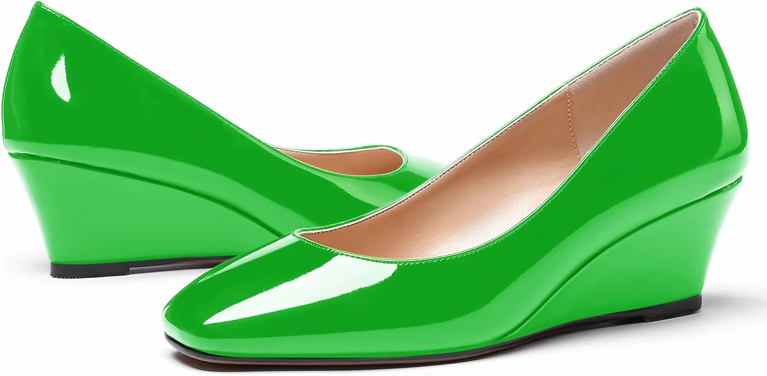 WAYDERNS Women's Slip On Patent Leather Square Toe Low Heel Wedge Pumps Shoes 2 Inch