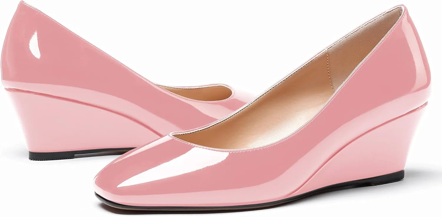 WAYDERNS Women's Slip On Patent Leather Square Toe Low Heel Wedge Pumps Shoes 2 Inch