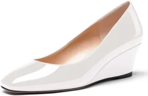 WAYDERNS Women's Slip On Patent Leather Square Toe Low Heel Wedge Pumps Shoes 2 Inch