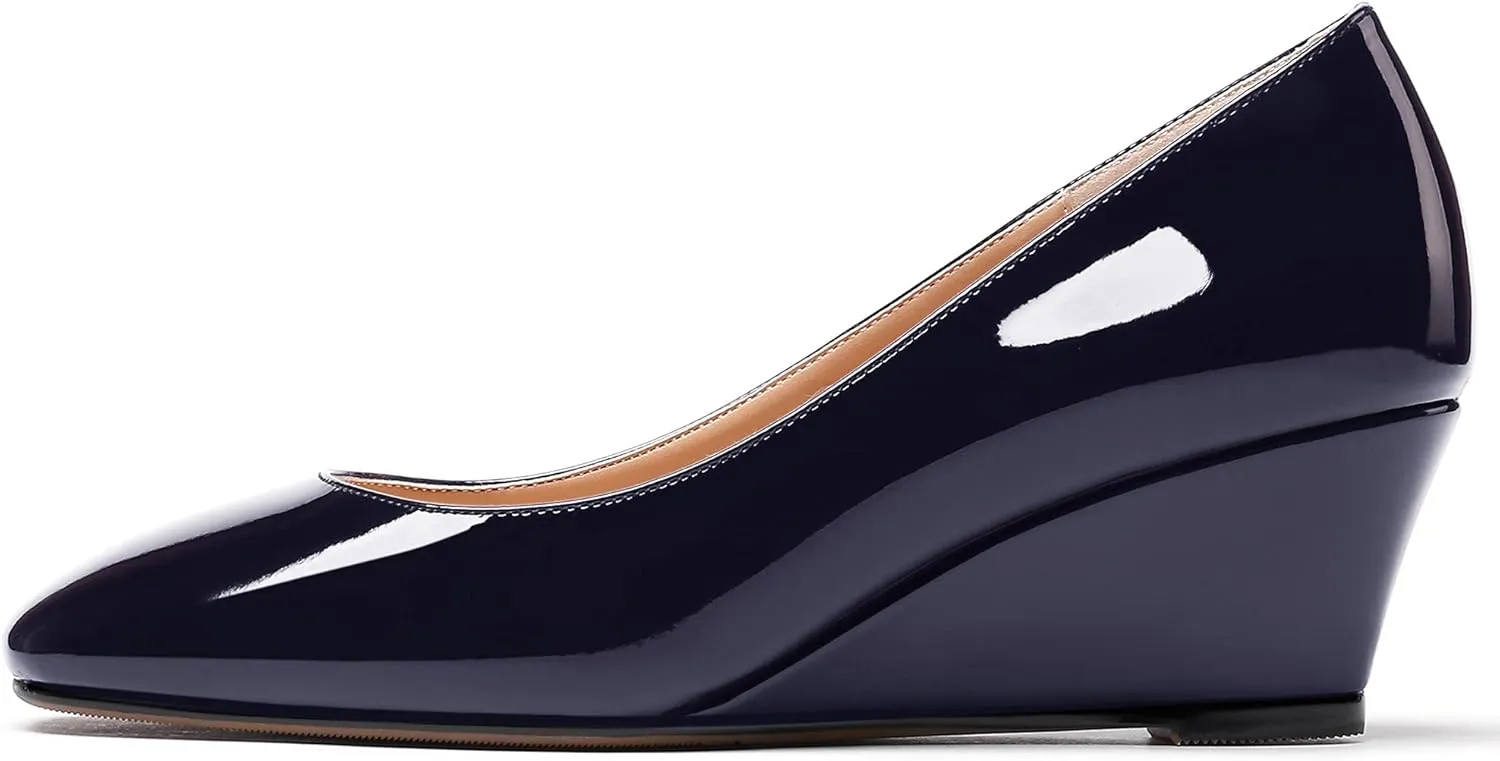 WAYDERNS Women's Slip On Patent Leather Square Toe Low Heel Wedge Pumps Shoes 2 Inch