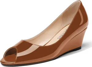WAYDERNS Women's Slip On Peep Toe Patent Leather Wedge Low Heel Pumps Shoes 2 Inch