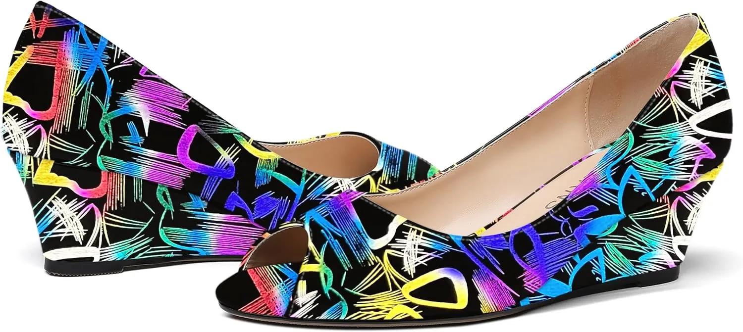 WAYDERNS Women's Slip On Peep Toe Patent Leather Wedge Low Heel Pumps Shoes 2 Inch