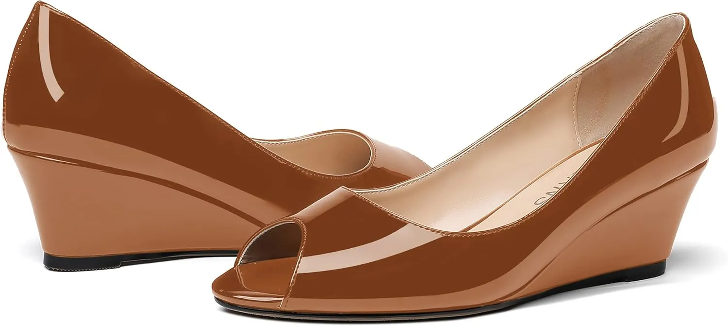 WAYDERNS Women's Slip On Peep Toe Patent Leather Wedge Low Heel Pumps Shoes 2 Inch