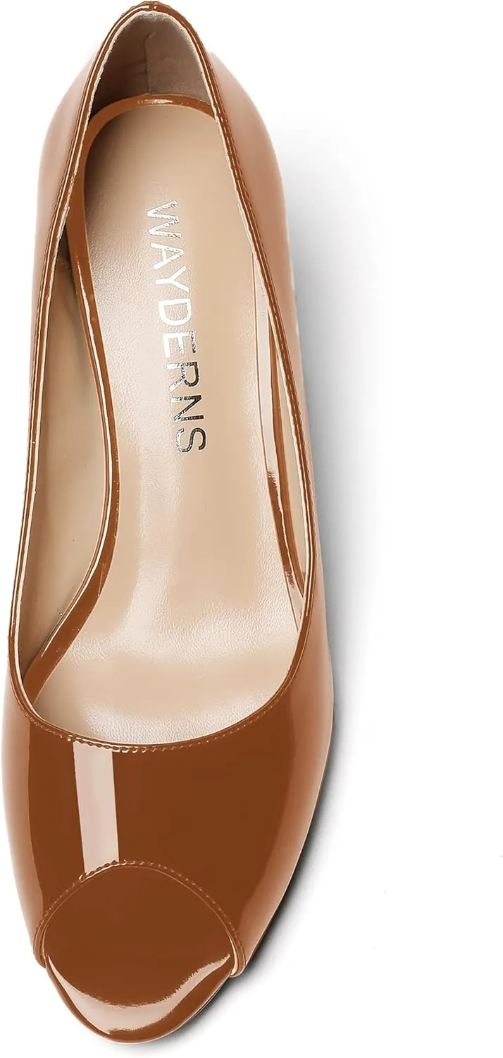 WAYDERNS Women's Slip On Peep Toe Patent Leather Wedge Low Heel Pumps Shoes 2 Inch