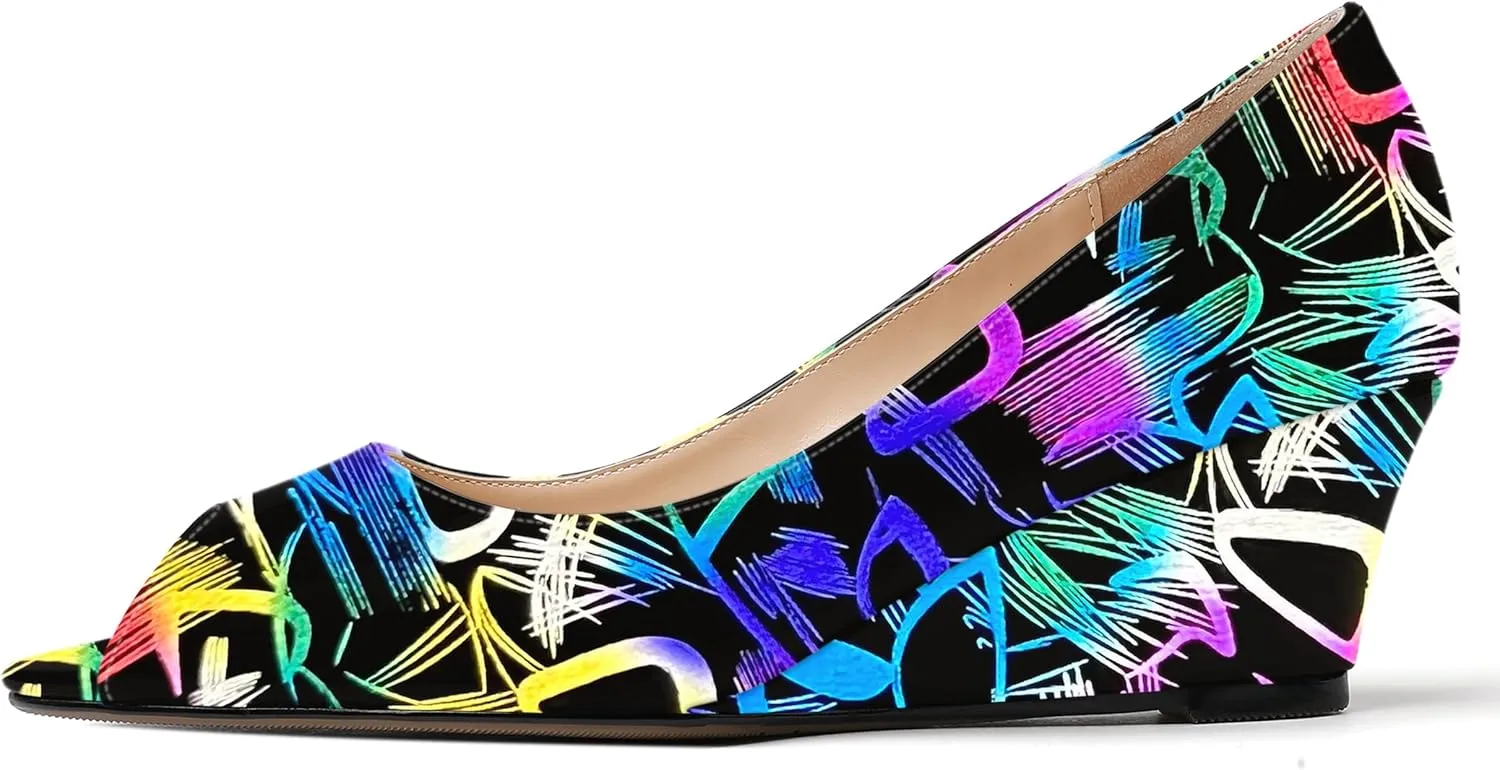 WAYDERNS Women's Slip On Peep Toe Patent Leather Wedge Low Heel Pumps Shoes 2 Inch