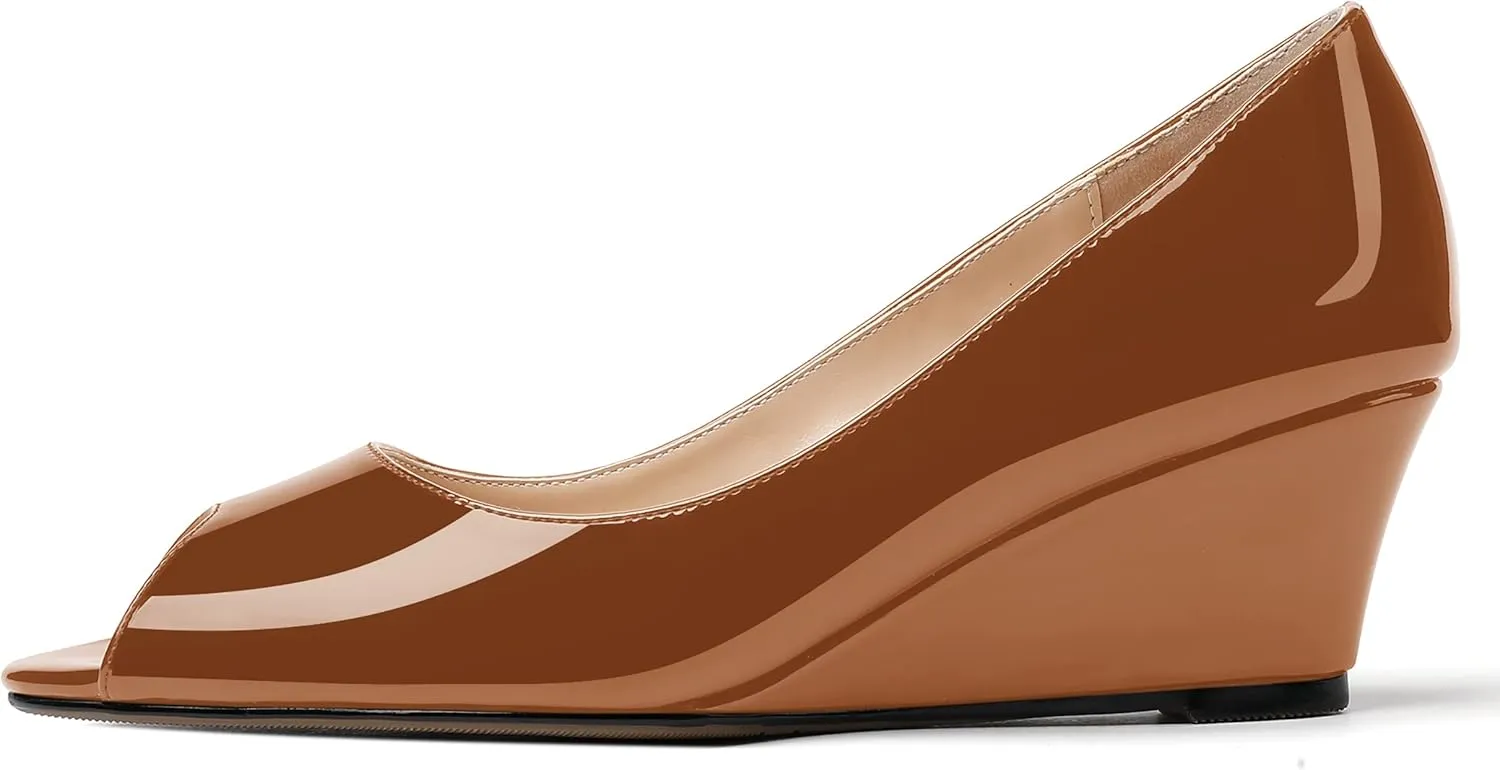 WAYDERNS Women's Slip On Peep Toe Patent Leather Wedge Low Heel Pumps Shoes 2 Inch