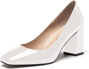 WAYDERNS Women's Slip On Solid Square Toe Patent Block High Heel Pumps Shoes 3 Inch