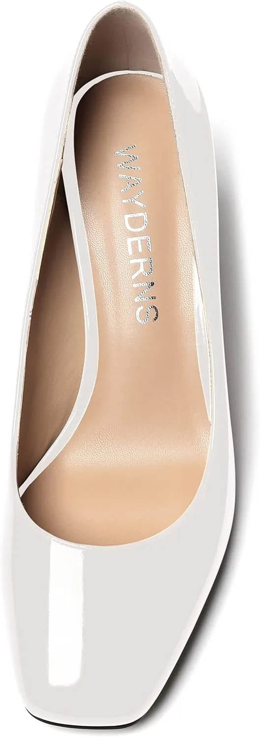 WAYDERNS Women's Slip On Solid Square Toe Patent Block High Heel Pumps Shoes 3 Inch