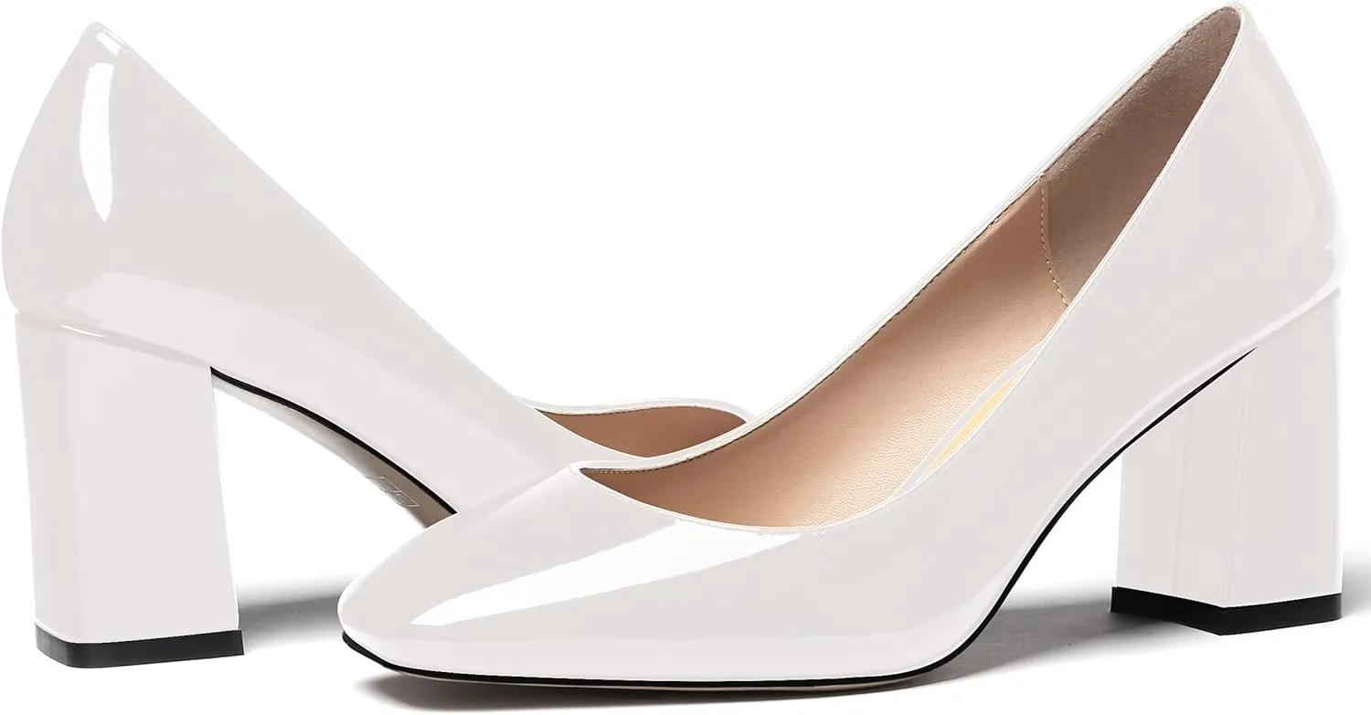 WAYDERNS Women's Slip On Solid Square Toe Patent Block High Heel Pumps Shoes 3 Inch