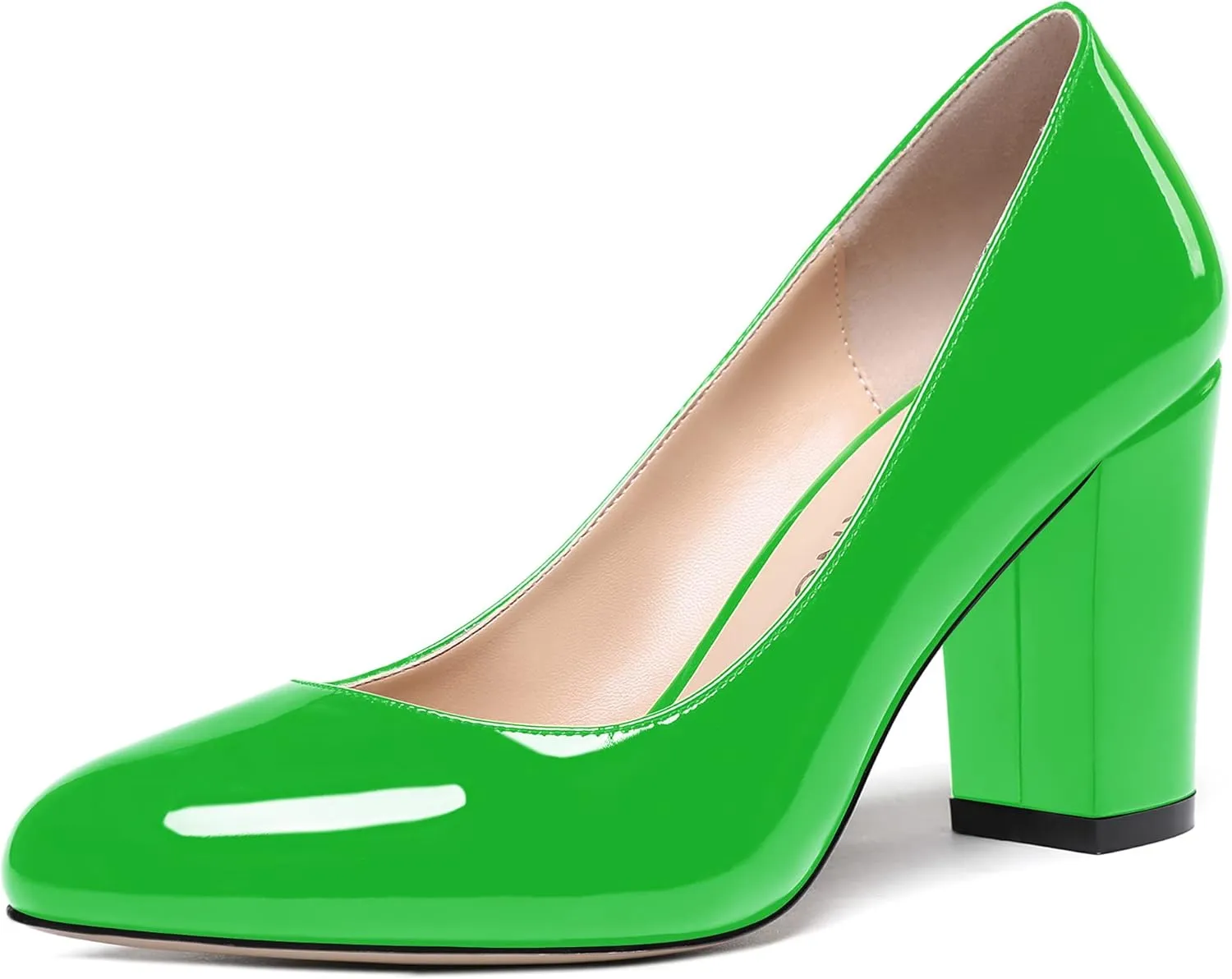 WAYDERNS Women's Slip On Solid Thick Round Toe Patent Block High Heel Pumps Shoes 3 Inch