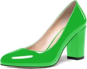 WAYDERNS Women's Slip On Solid Thick Round Toe Patent Block High Heel Pumps Shoes 3 Inch