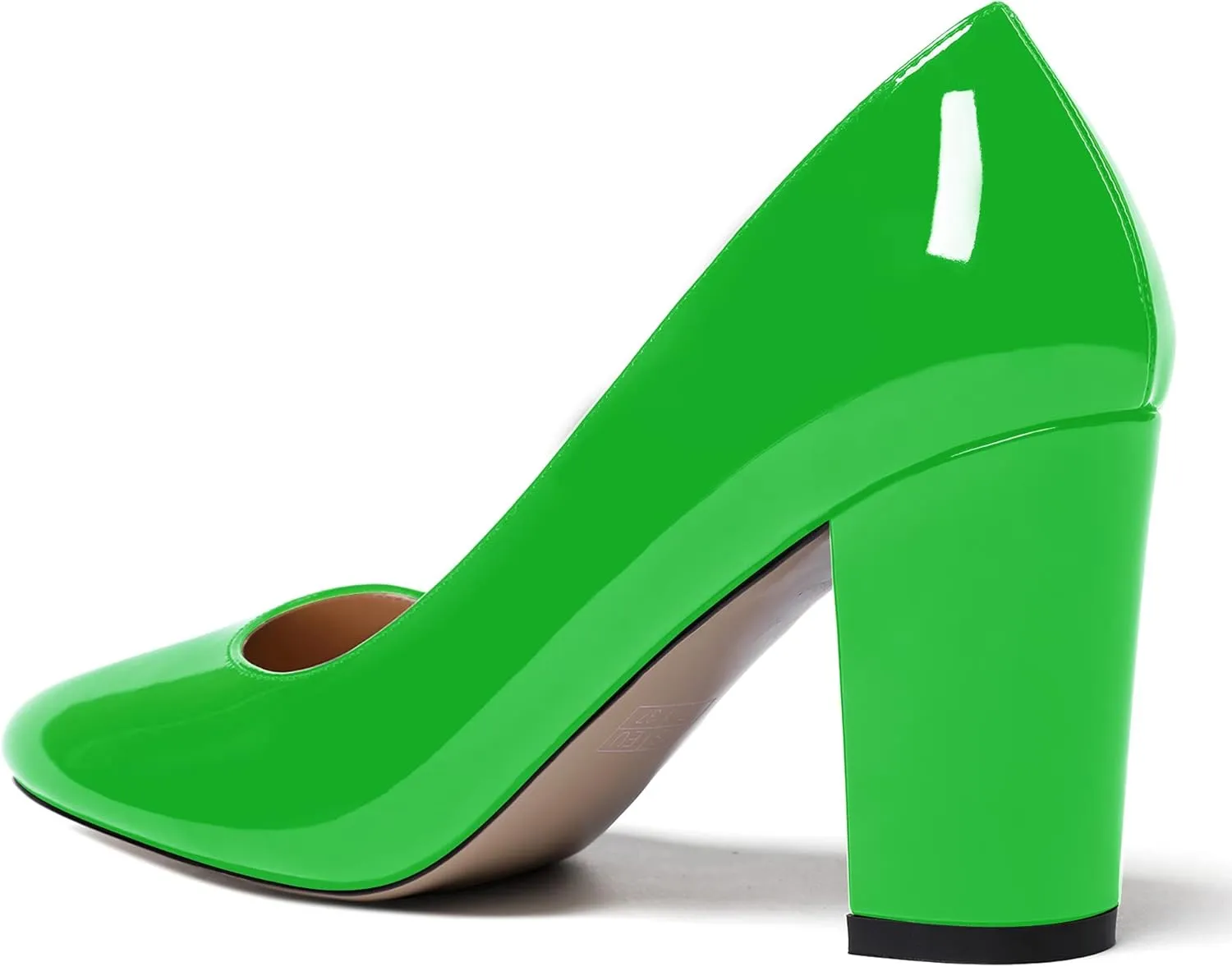 WAYDERNS Women's Slip On Solid Thick Round Toe Patent Block High Heel Pumps Shoes 3 Inch