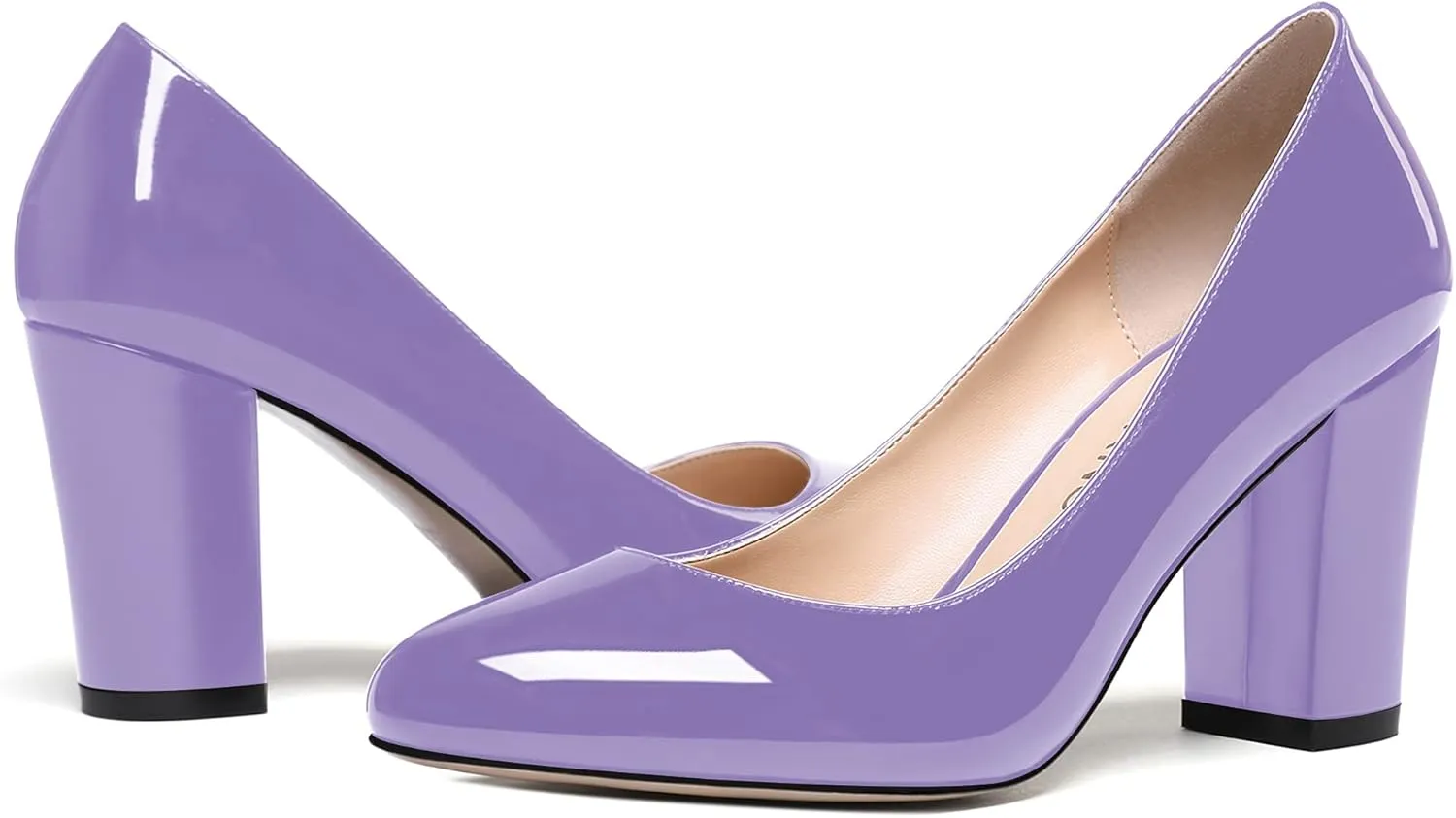 WAYDERNS Women's Slip On Solid Thick Round Toe Patent Block High Heel Pumps Shoes 3 Inch
