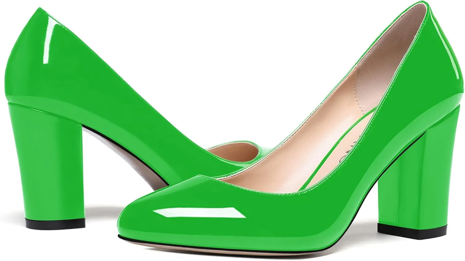WAYDERNS Women's Slip On Solid Thick Round Toe Patent Block High Heel Pumps Shoes 3 Inch