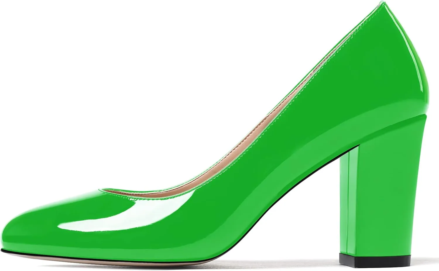 WAYDERNS Women's Slip On Solid Thick Round Toe Patent Block High Heel Pumps Shoes 3 Inch